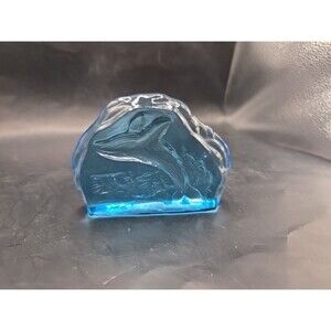 Blue Aqua Glass Etched Whale Breeching Paperweight Art Glass Recycled?